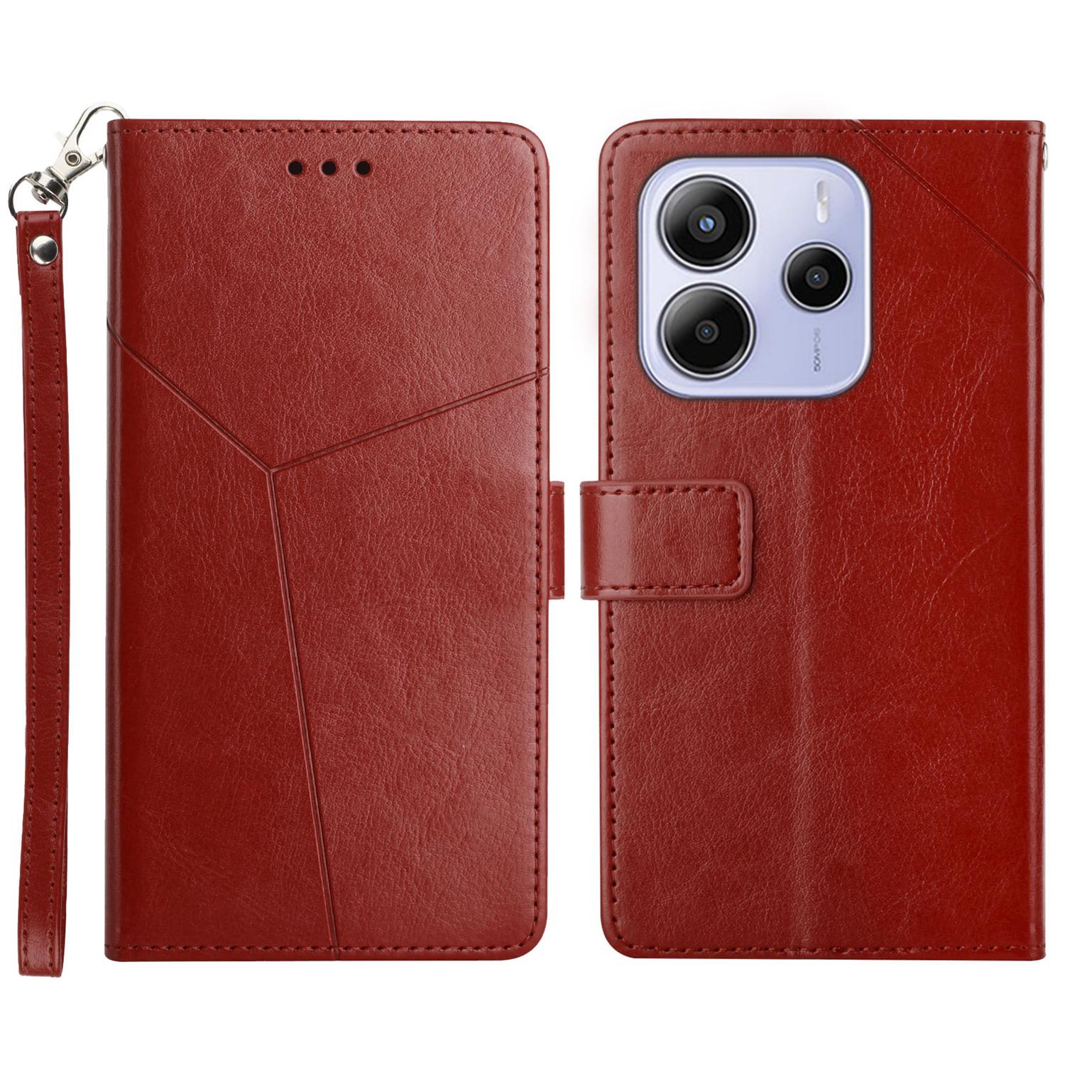 

For Xiaomi Redmi Note 14 4G (164.84mm) Case Y Shaped Lines Imprint Leather Phone Cover Brown