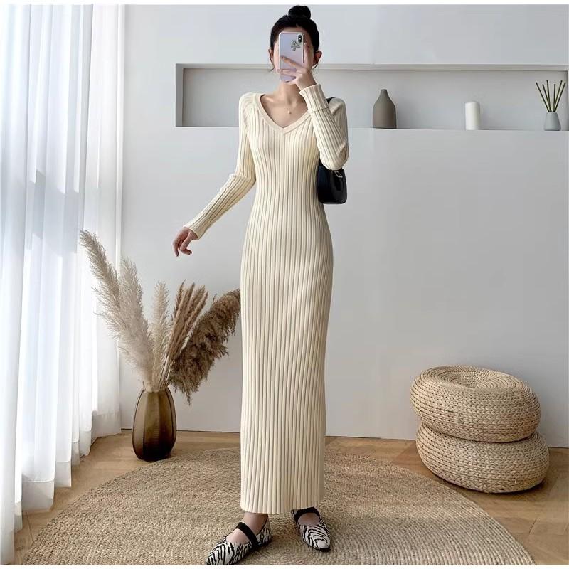 Womens Long Knit Dress V-Neck Slim Fit Midi To Maxi Length Solid Color Office Elegant Style