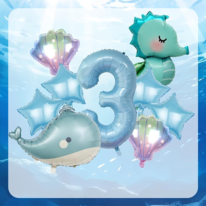 9pcs Cartoon Seahorse Whale Shell Foil Balloons 40 Inch Baby Blue Number 1-9 Balloon Set Ocean-Themed Birthday Party Decoration