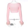 Square Neck Long Sleeve T-Shirts Women 2022 Fashion Cute Feather Top faux fur Sexy Y2K Crop Top Streetwear Tee Shirt femme