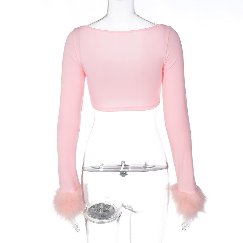 Square Neck Long Sleeve T-Shirts Women 2022 Fashion Cute Feather Top faux fur Sexy Y2K Crop Top Streetwear Tee Shirt femme