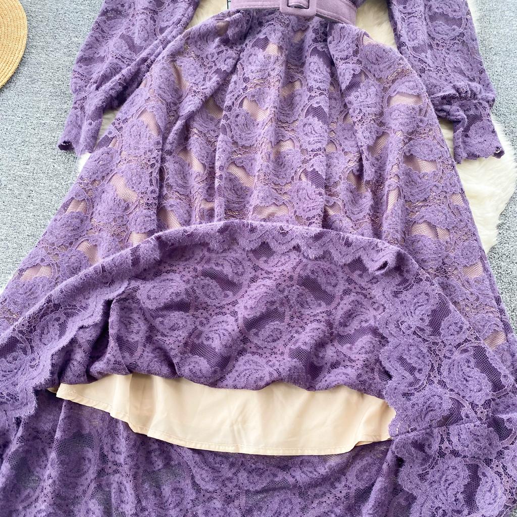 New Women V-neck Purple Lace Christams Party Dresses Vintage Long Sleeve Mid-calf Dress WIth Belt