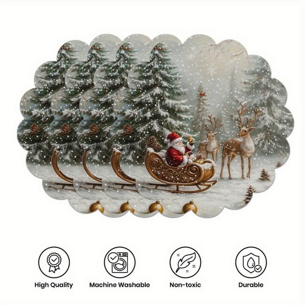 4PCS Christmas Placemats Non Slip Heat Resistant Circular Waves Design Winter Christmas Dining Wedding Party Table Decoration