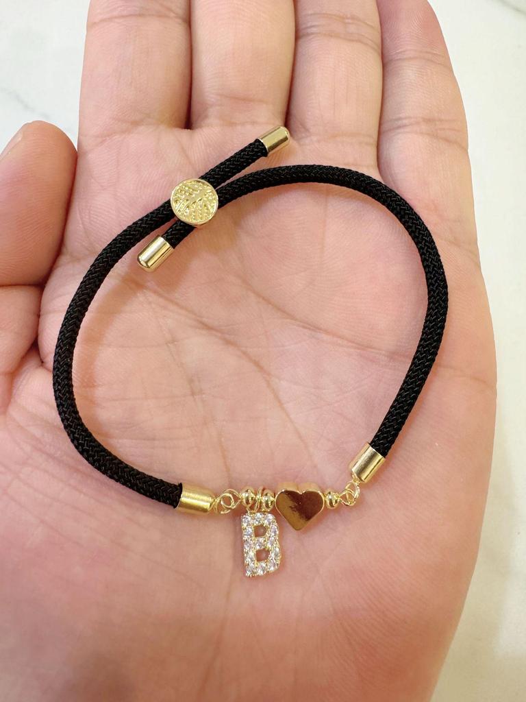 Classic A-Z Initial Heart Bracelet with Zircon on Adjustable Black Cord