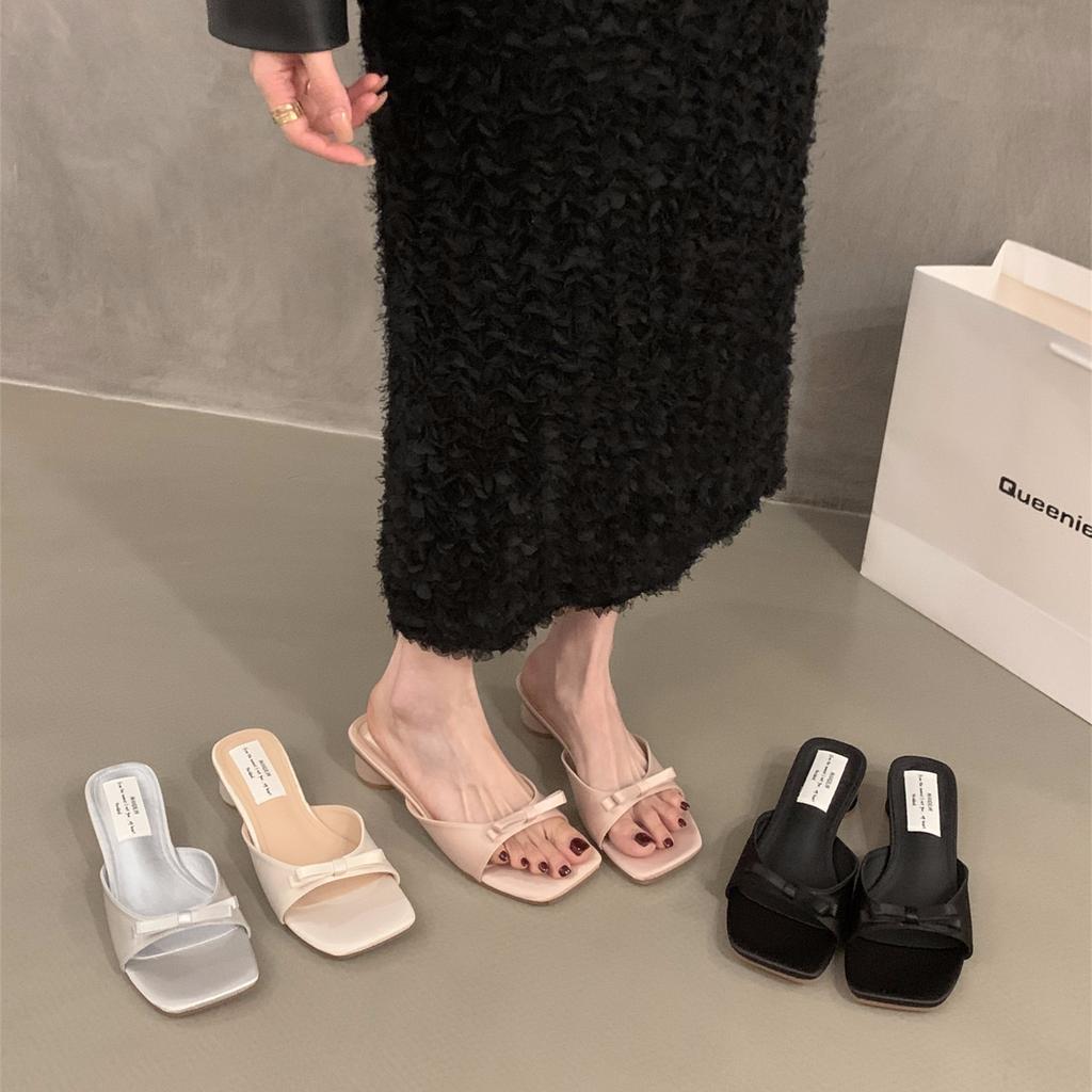 Thick Heel Pink French Cool Slippers Fairy Shoes Outer Wear 2025 New Summer with Skirt Bow Sandals