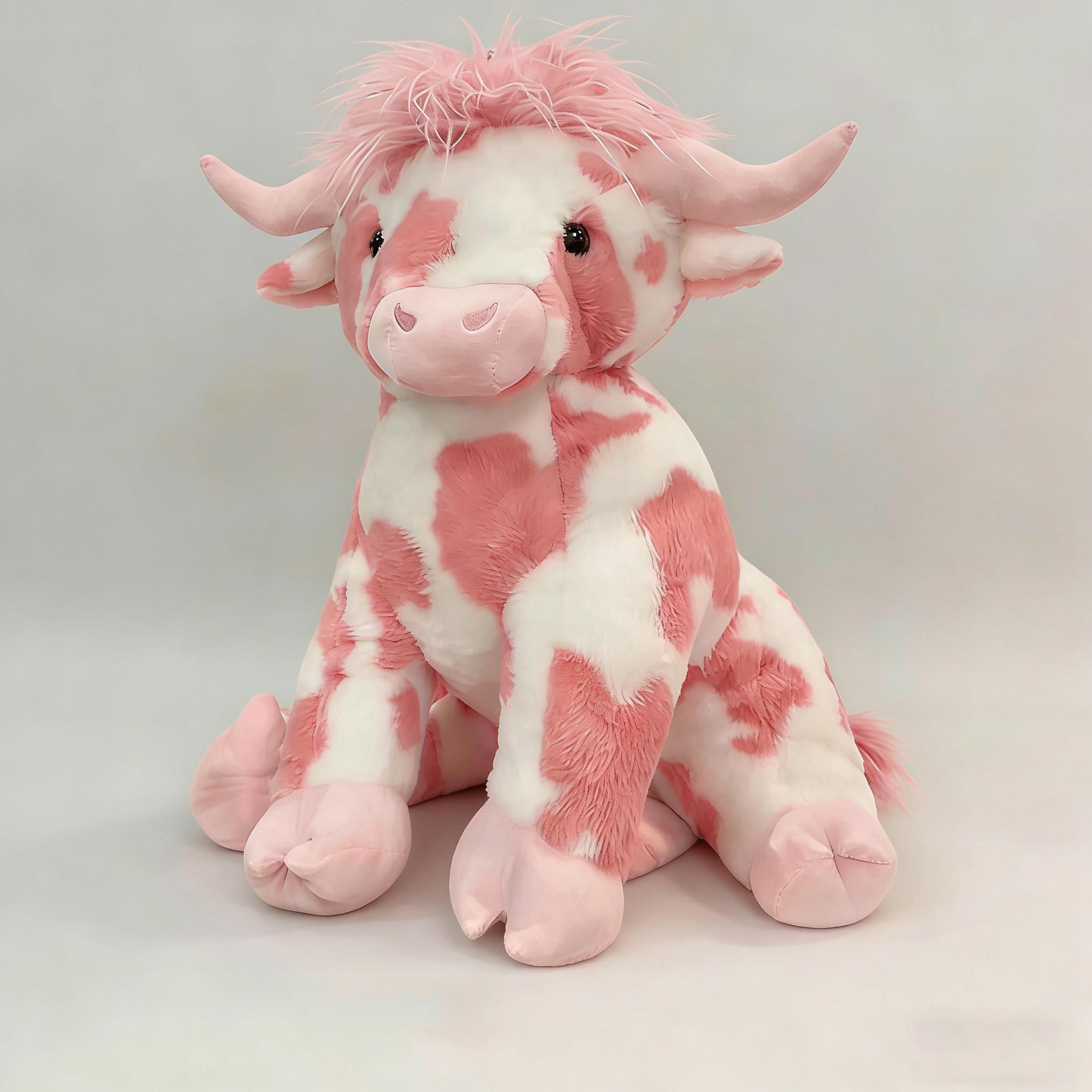 Rosa Kuh Schottische Hochlandkuh Plüschtier Entzückende Realistische Stoffpuppe Mit Langem Flauschigem Haar & Rose, Weiches Kuschelgeschenk Kinder