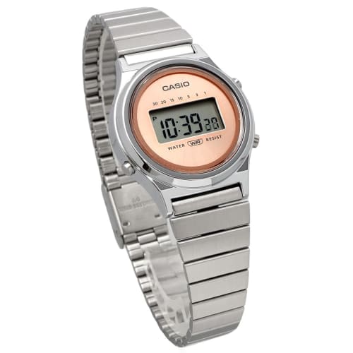 CASIO Casio Standard Cheap Casio CASIO CLASSIC Women's Quartz Digital Wristwatch with Resin, Stainless Steel, and Metal Finishes, Silver and Salmon Pi