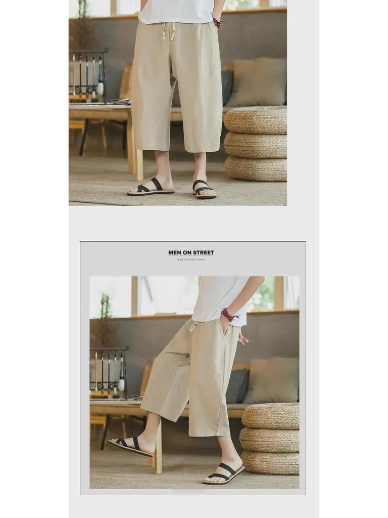 Men's Cropped Chinese Style Linen Shorts - Summer Wide-Leg 7-Point Casual Trousers