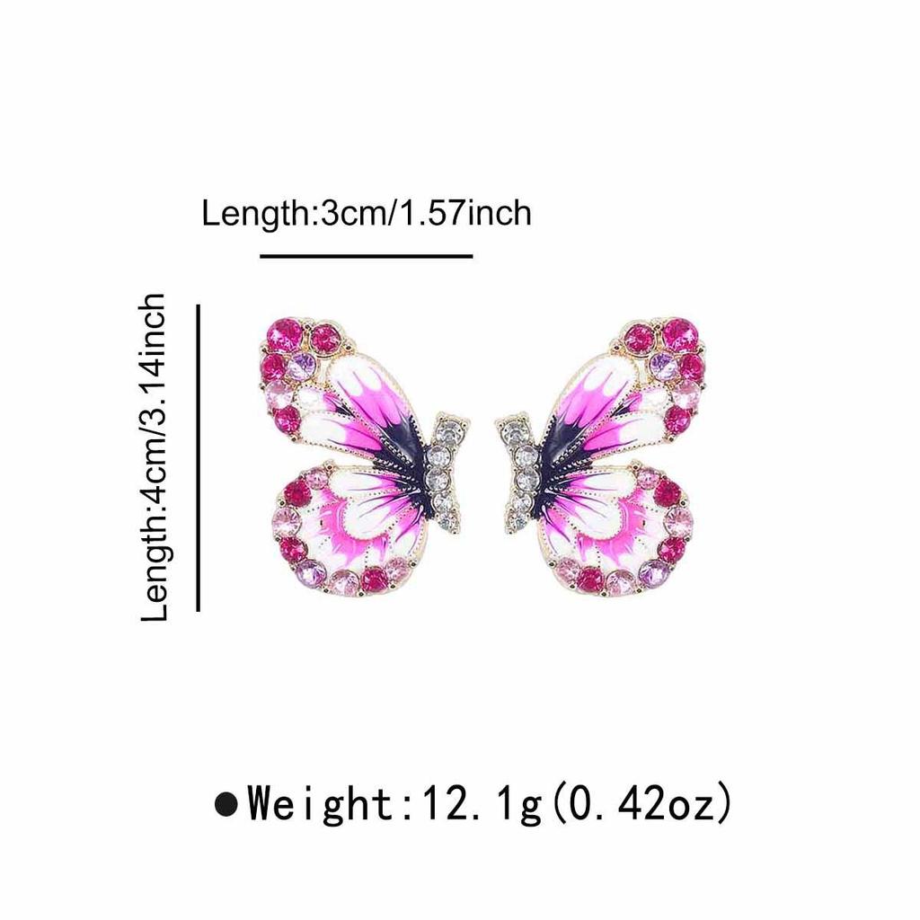Pink Enamel Butterfly Stud Earrings Colorful Crystal Inlaid Butterfly Earrings Statement Jewelry for Women