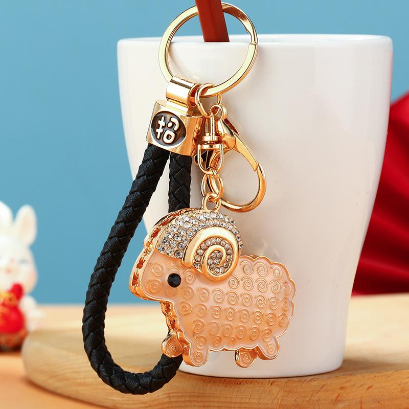 Cute Sheep Zodiac Pendant Keychain Alloy Rhinestone Stylish Bag Charm for New Year Gift Family Present Accessory