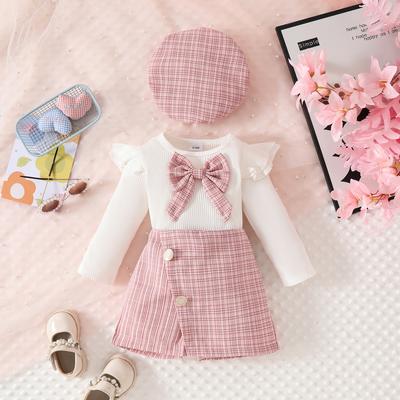 Girls Casual Fashion Suit Summer Children Sweet Flying Sleeve Top Bow Tie + Button Skirt + Beret Three-piece Set
