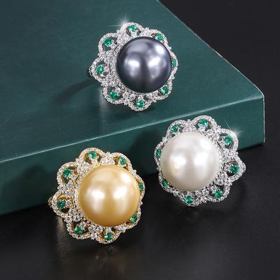 Jewelry Copper Bottom Gold-Plated Inlaid Austrian Fritillary Pearl Retro Diamond-Set Ring 16Mm