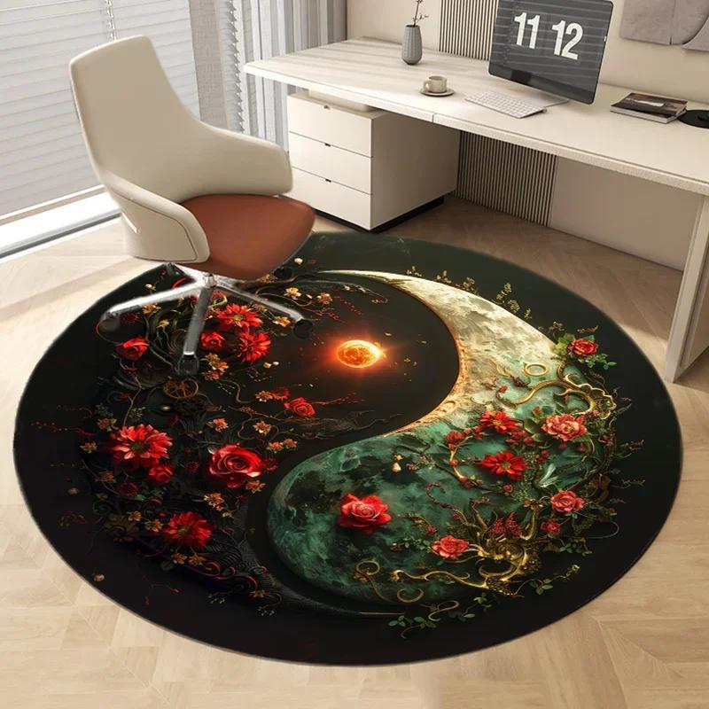 Yin Yang Round Rug Non-Slip Machine Washable Rug with Sakura Goldfish Dragon Lion Cat Tree Design for Living Room Bedroom