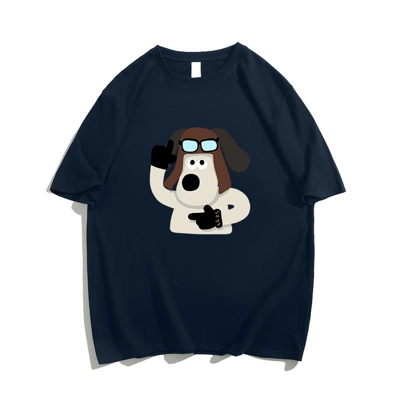 

Pure cotton heavy design cartoon puppy short-sleeved t-shirt women s summer new niche trendy brand loose half-sleeved top M тёмно-синий