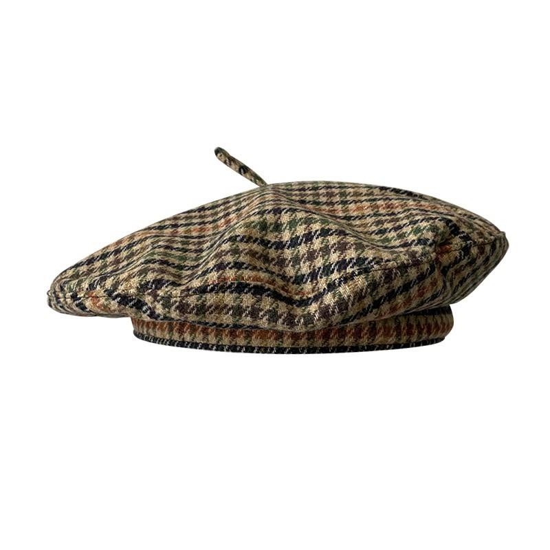 Women's Wool Blend Beret Hat Asian & British Style Vintage Check Pattern Versatile Painter Cap (UFO Hat Design)