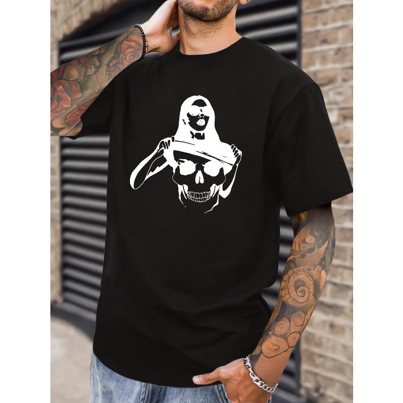Men'S Casual Cotton T-Shirt - Skull & Beauty Print, Short Sleeve, Crew Neck Summer T-Shirt
