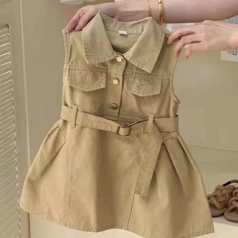 Summer Kids Girl Dress Fashion Khaki Sleeveless Dress Baby Girls Cargo Dress Sundress Children Casual Dress