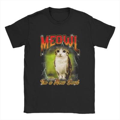Ich bin eine neue Seele Meowl Katze Eule Meme Baumwolle Bedruckte T-Shirts Unisex Damen Coole Baumwoll-T-Shirts O-Ausschnitt Kurzarm T-Shirt Sommer Oberteile