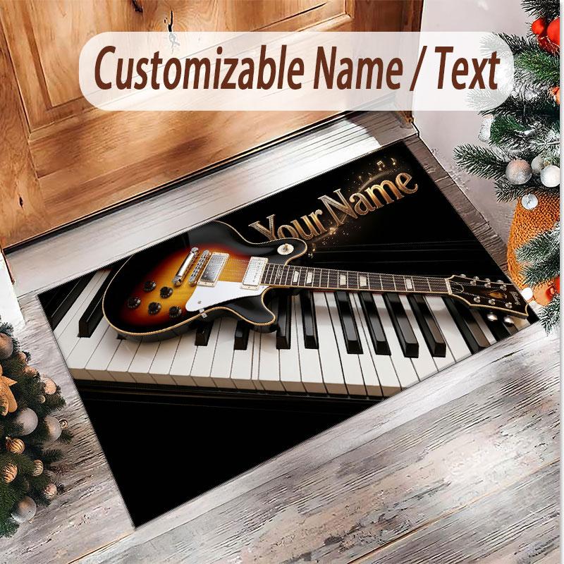Music Guitar Theme Soft Crystal Velvet Rug Custom Name & Text Print Non Slip Floor Rug for Bedroom Living Room