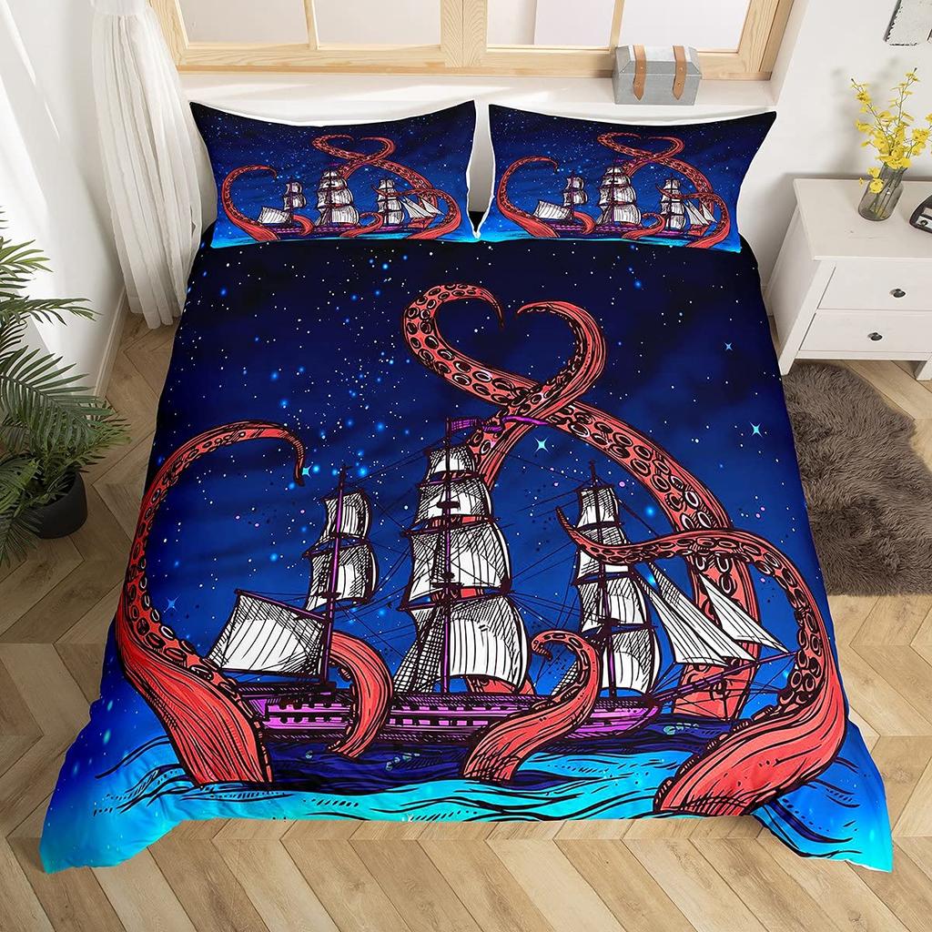 Sailboat Duvet Cover Set Twin King Queen Size Nautical Theme Seagull Bedding Set Microfiber Rustic Wooden Plank Comforter Cover