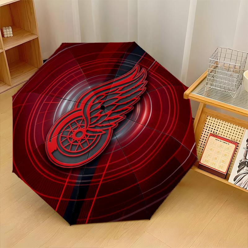 Detroit Red Wings Print Auto 8?Ribs Folding Umbrella Wind Resistant Lightweight Automatic Umbrella For Daily Travel