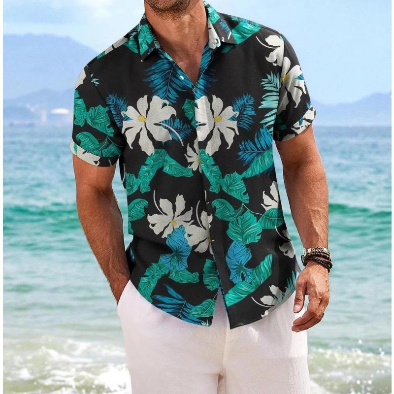 Módní Havajská Pánská Košile s Barevným Květinovým a Listovým Vzorem Rostliny 3D Tisk Plážové Košile Letní Krátký Rukáv Streetové Halenky