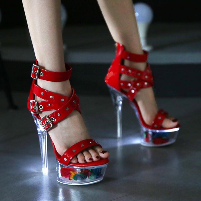 190 Series 14.5 CM Heel 4.5 CM Platform 190-45 Luminous Rivet Zipper Roman Sandals Transparent High Heel 15cm LFD