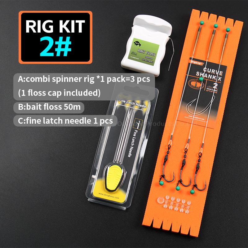 6pcs Carp Fishing Rig Kit Combi Spinner Rig With Bait Folss Fine Latch Needle Floss Cap Hook 2 4 6 PTFE Coated Micro Barb Curve Shank Carp Hooks