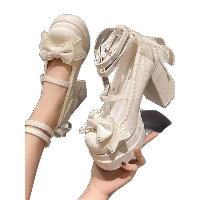 Mode Niedliche Lolita Mary Jane Schuhe Runde Zehenpartie Modische Hohe Absätze Wasserdichte Plateau Einriemen Schnalle Sommerliche Ballerinas für Damen