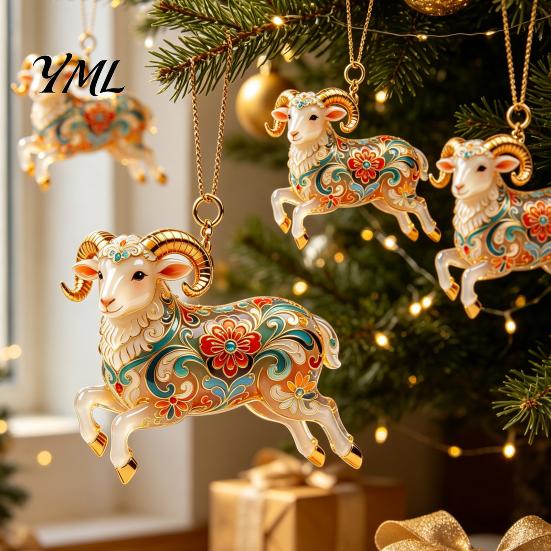 Christmas Party Supplies 2D Acrylic Goat Ornament, Farm Animal Car Rearview Mirror Tree Decor Charm, Auto Interior Hanging Pendant for Tree,