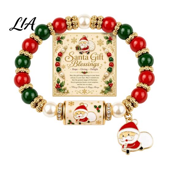 Commemorative Holiday Blessing Gift Christmas Bracelets for Women, Beaded Charm Stretch Bracelet with Elastic Pearl Wrist Jewelry Card, Stocking