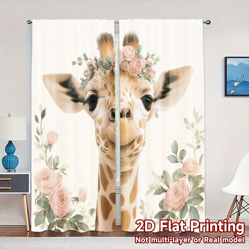 

2D FLAT PRINTING 2pcs Curtains (Without Rod) Floral Giraffe Illustration Ramadan Festival Chic Print Curtains Versatile 100*130 Rod Pocket 1pcs