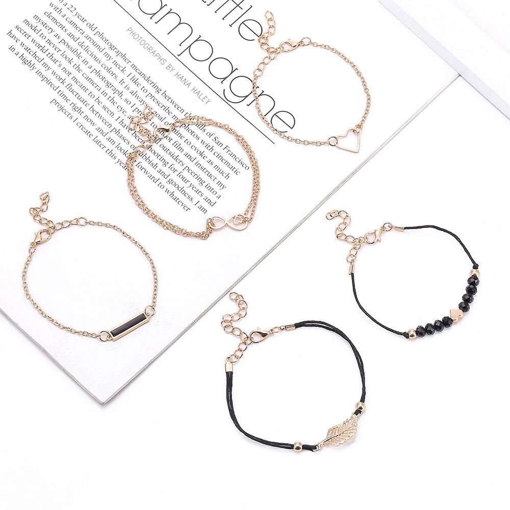 

5pcs/set Womens Bracelets Infinity Heart Leaf Charms Bracelet Black Acrylic Beaded Beads Geometry Bangles Bohemian Zircon Gift