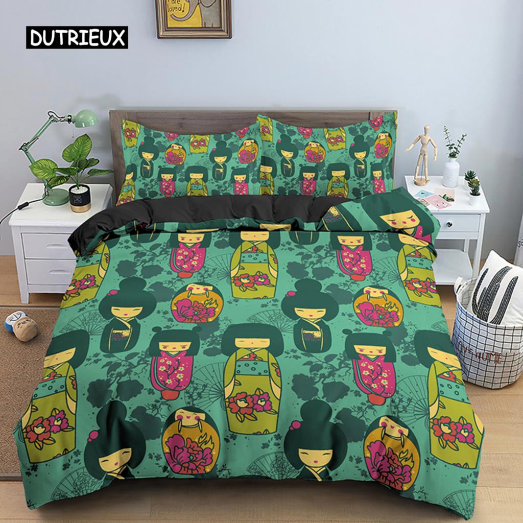 Japanese Doll Duvet Cover Set King Wearing Kimono Doll Sakura Pattern Bedding Set Microfiber Japanese Kawaii Style Quilt Cover
