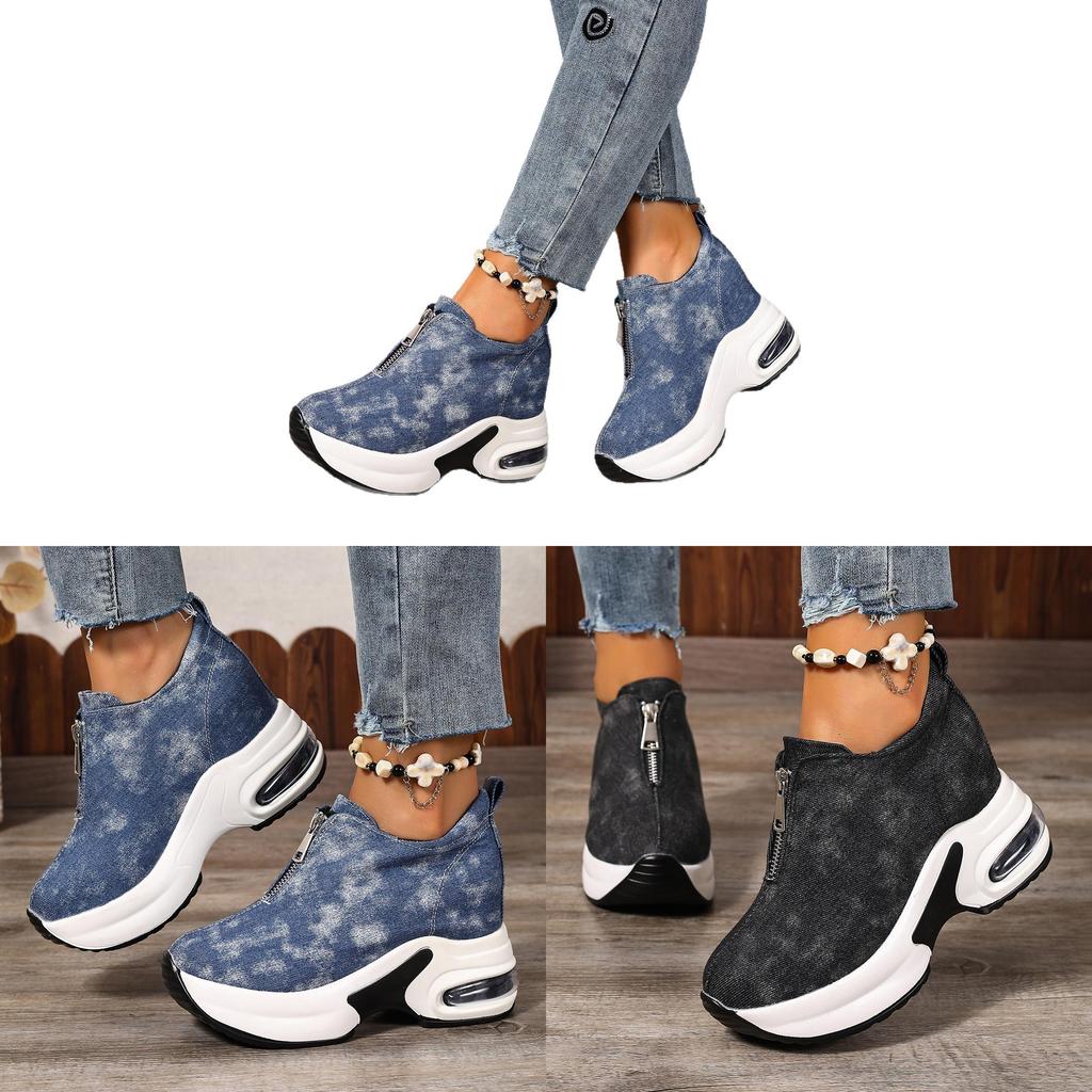 Casual Denim Platform Sneakers With Zipper Closure For Womens Autumn Walks