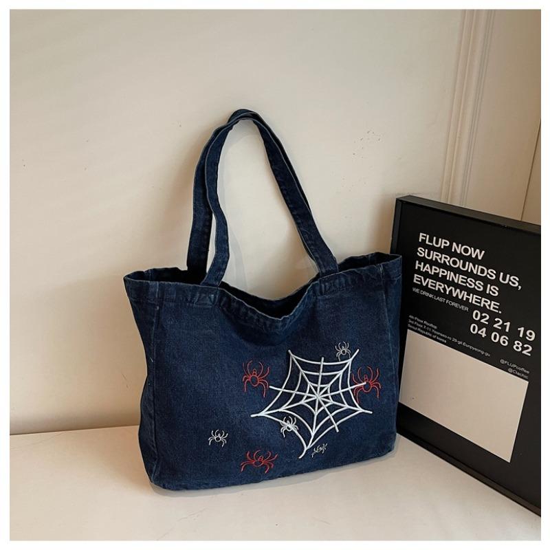 Hot Sale Spider Web Embroidered Denim Bags Women's Shoulder Bags Vintage Portable Commuter Tote Bags Canvas Bags