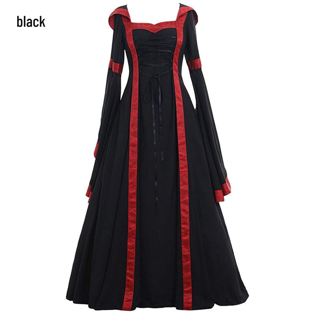 Medieval Retro Hooded Dress with Square Neck and Flared Sleeves