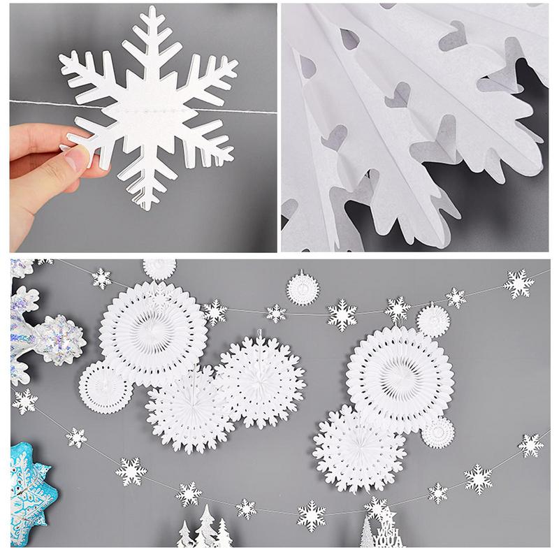 12Pcs Wonderland Winter Christmas Snowflake Frozen Birthday Party Decorations Hanging White Paper Fan Snowflakes Garlands Banner