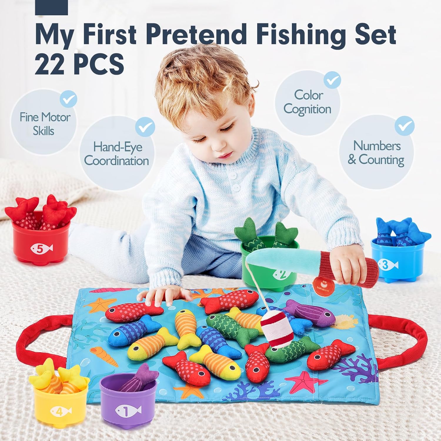 hahaland Toddler Toys Montessori Toys for 1 Year Old Boy Girl Birthday Gift - 10 in 1 Cloth Fishing Game Christmas Toddler Gifts 1-3 with Stacking