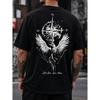 Men's Oversized Graphic Tee With Raven And Compass Design, Soft Cotton Blend Short Sleeve Shirt For Streetwear Style