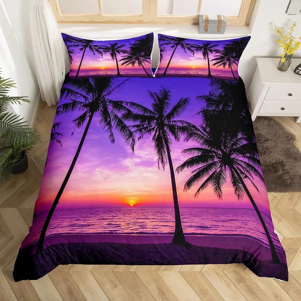 Hawaii Vacation Beach Duvet Cover Cartoon Surfing Quilt Cover Microfiber Tropical Palm Tree Starfish Ocean Landscape Bedding Set