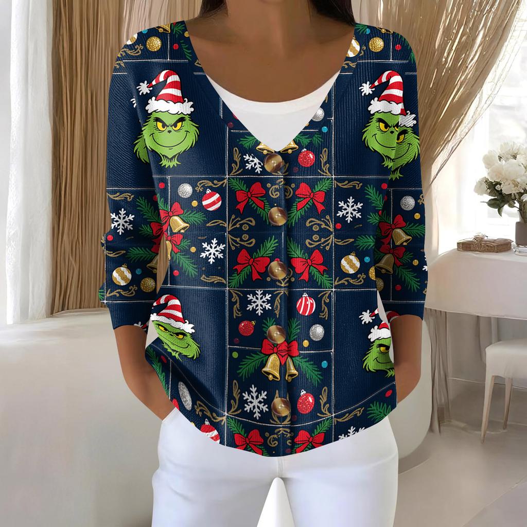 Women's Fashion Long Sleeve Christmas Snowman Snowflake Print Jacket Cardigan
