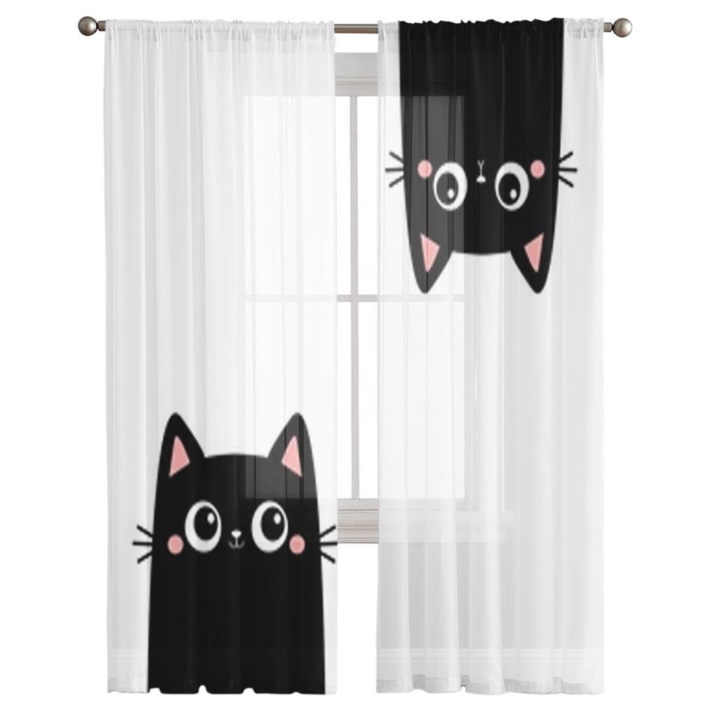 Two Black Kitten Sheer Curtains For Living Room Window Transparent Voile Tulle Curtain Bedroom Drapes Home Decor