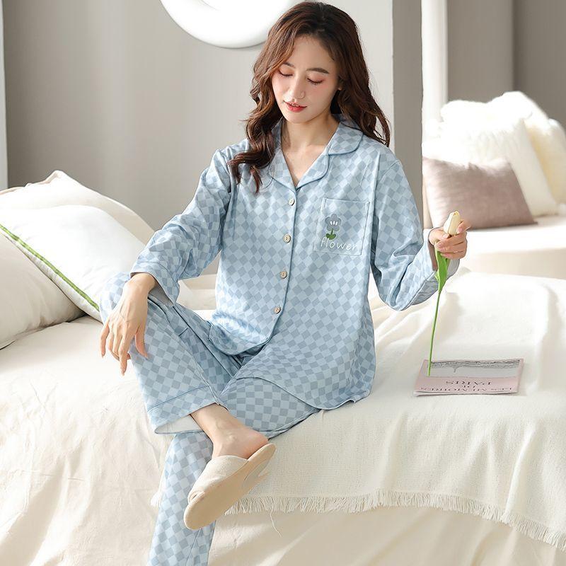 Pure cotton women's pajamas, long-sleeved trousers, cardigan, loose large-size loungewear, women's spring and autumn models can be worn out.