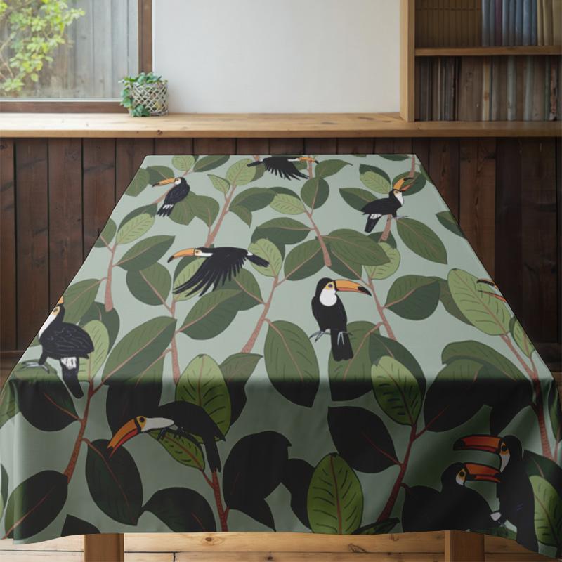 Outdoor Green Leaves TableclothBirds Print Dining Room Decoration Waterproof Non-slip Home Decor Cloth for Kitchen XXL