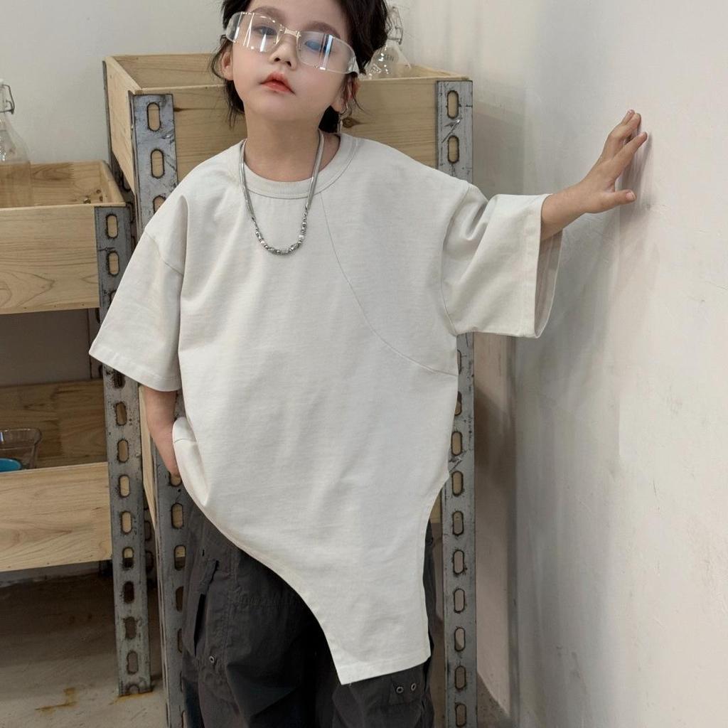 Kinder Unregelmäßiges Schweres Jungen Kurzarm T-Shirt, Mode für Mittlere Kinder, Trendiger Lockerer Rundhals-Stil