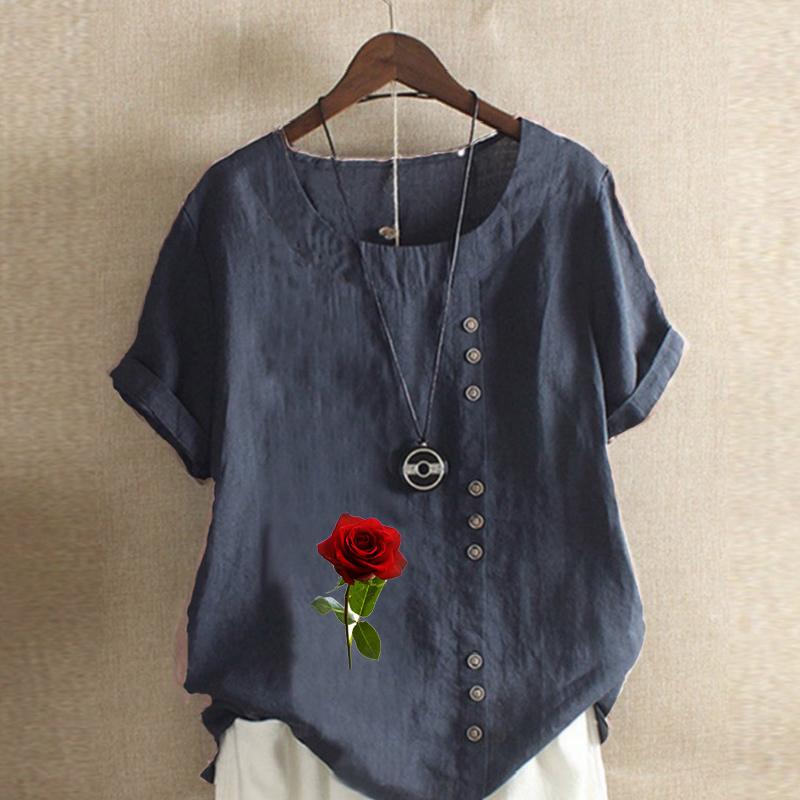 Women's New Fashion Linen Shirt Round Neck Short Sleeve Rose Printed T-shirt Summer Ladies Casual Plus Size Blouse Tops