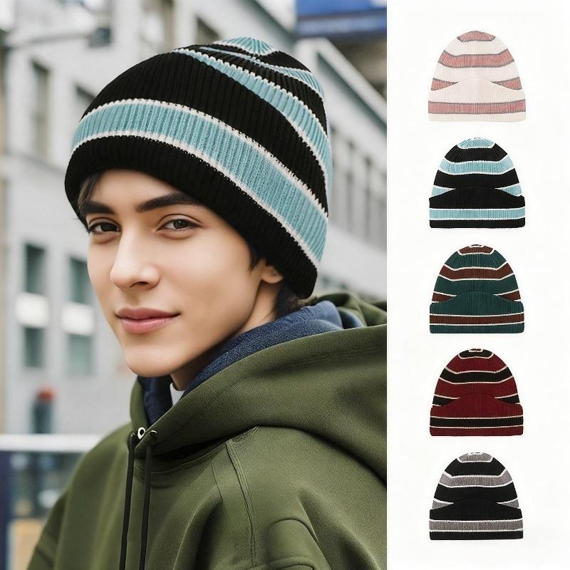 Autumn and Winter Patchwork Striped Keep Warm Knitted Hat Men Women Fashion Color Block Versatile Irregular Knitted Mao Line Hat
