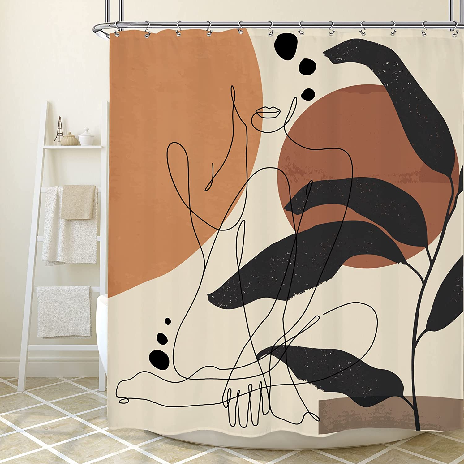 Abstract Woman Shower Curtain Leaves Minimalist Mid Century Contemporary Line Shapes Terracotta Modern Aesthetic Bathtub Decor