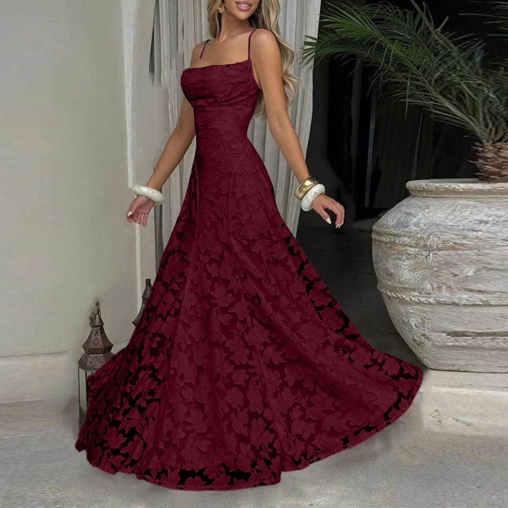 Women’s Casual Lace Patchwork Maxi Dress Sleeveless Spaghetti Strap Long Dress Elegant Evening Party Gown for Summer